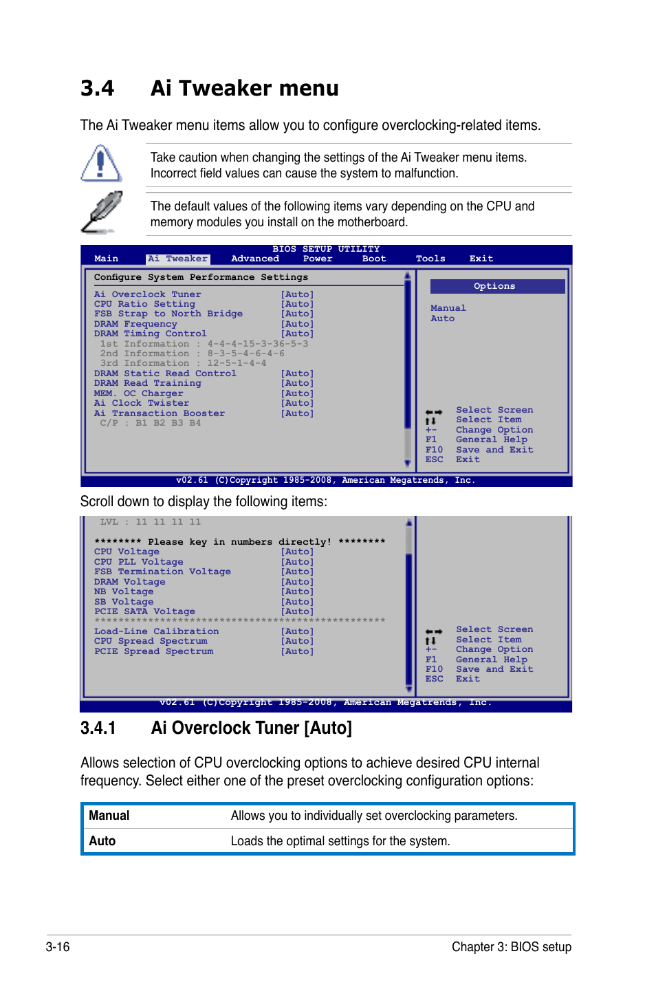 4 ai tweaker menu, 1 ai overclock tuner [auto, Scroll down to display the following items | 16 chapter 3: bios setup | Asus P5Q PRO User Manual | Page 82 / 180