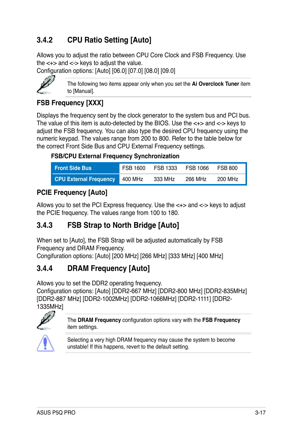 2 cpu ratio setting [auto, 3 fsb strap to north bridge [auto, 4 dram frequency [auto | Asus P5Q PRO User Manual | Page 83 / 180