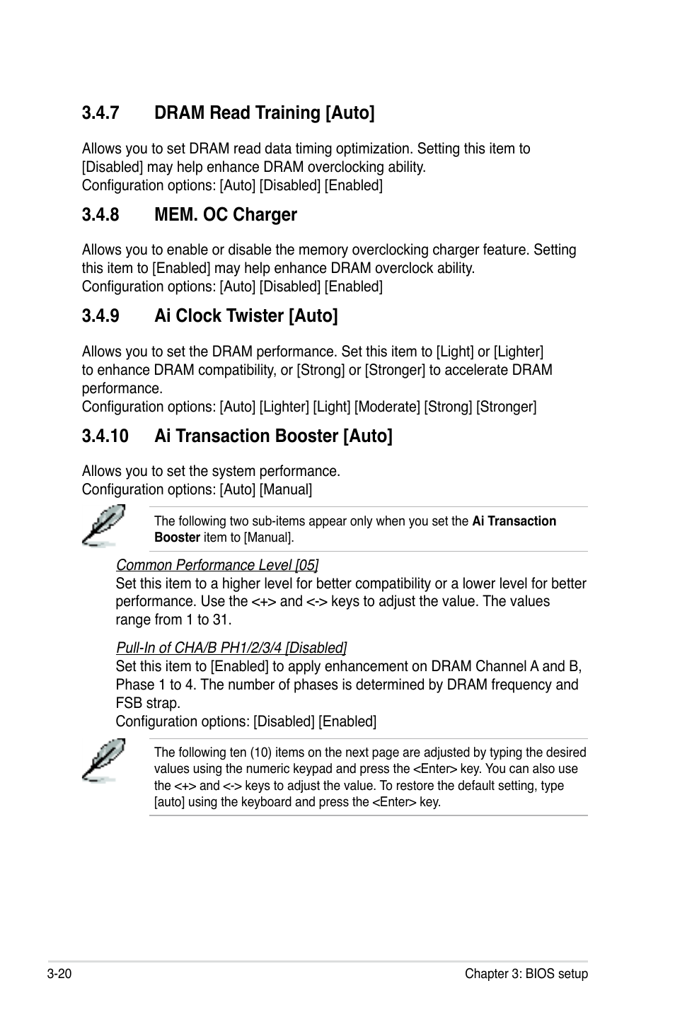 7 dram read training [auto, 8 mem. oc charger, 9 ai clock twister [auto | 10 ai transaction booster [auto | Asus P5Q PRO User Manual | Page 86 / 180