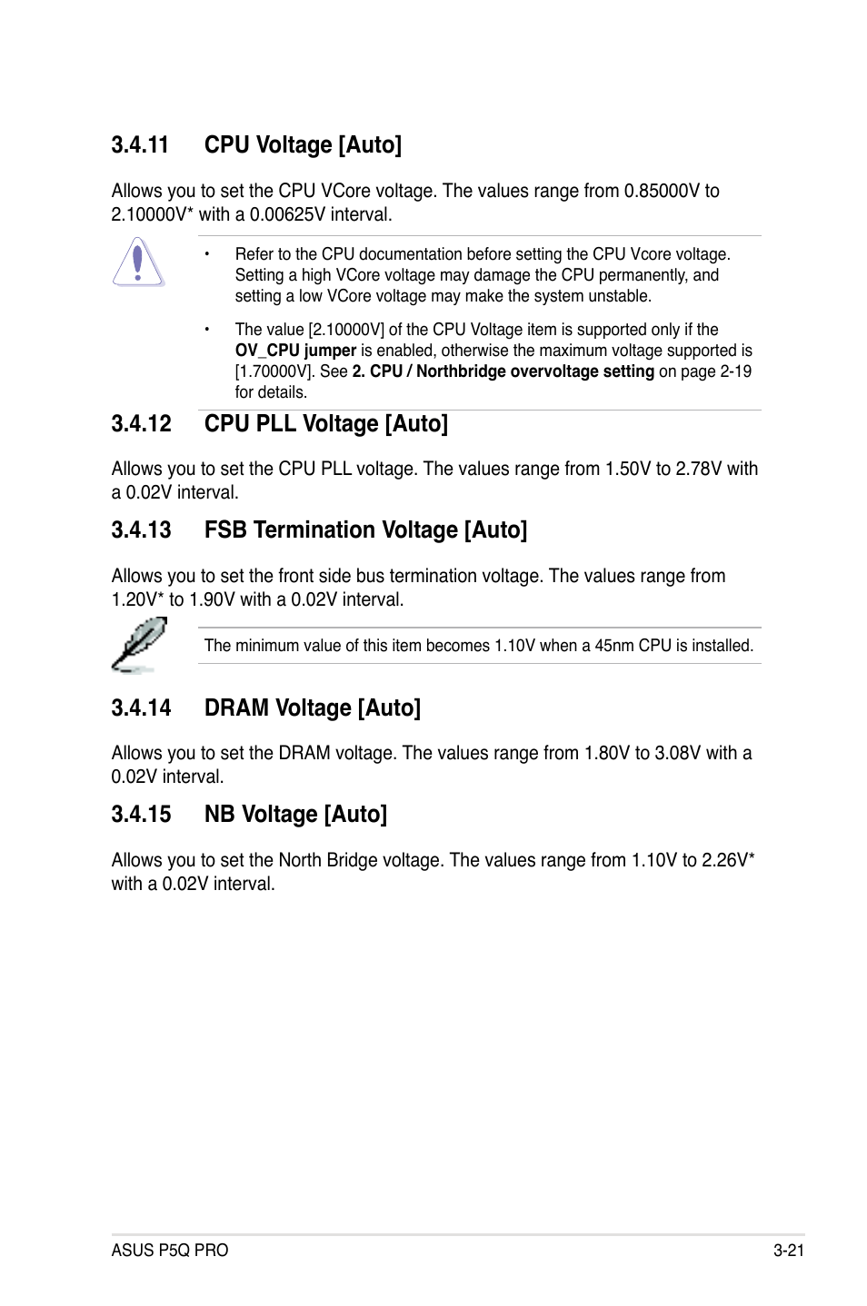 11 cpu voltage [auto, 12 cpu pll voltage [auto, 13 fsb termination voltage [auto | 14 dram voltage [auto, 15 nb voltage [auto | Asus P5Q PRO User Manual | Page 87 / 180