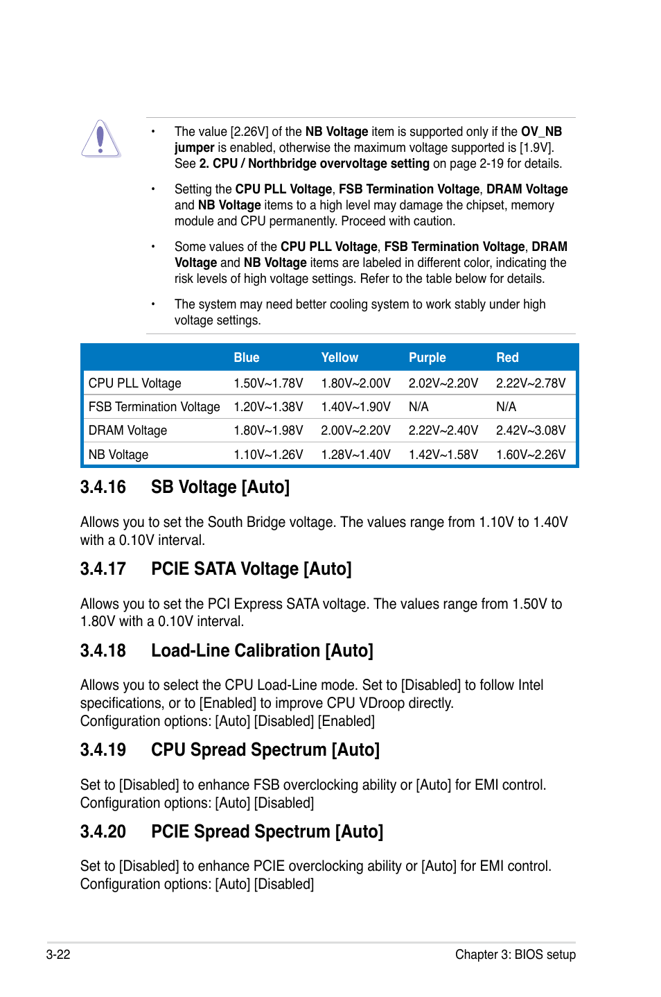 16 sb voltage [auto, 17 pcie sata voltage [auto, 18 load-line calibration [auto | 19 cpu spread spectrum [auto, 20 pcie spread spectrum [auto | Asus P5Q PRO User Manual | Page 88 / 180