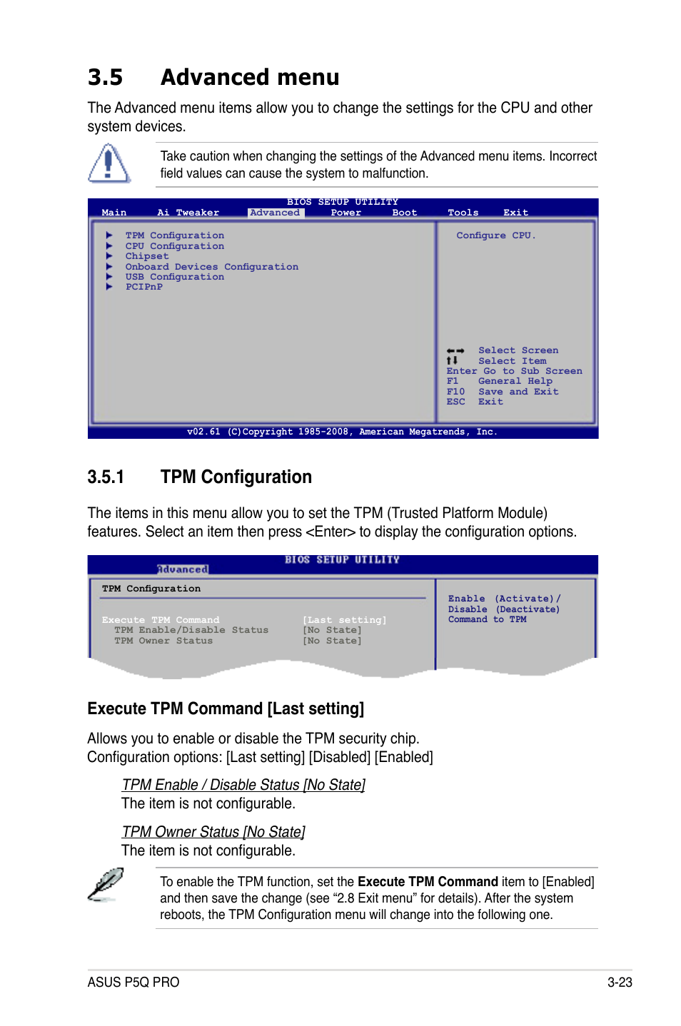 5 advanced menu, 1 tpm configuration, Execute tpm command [last setting | Asus P5Q PRO User Manual | Page 89 / 180