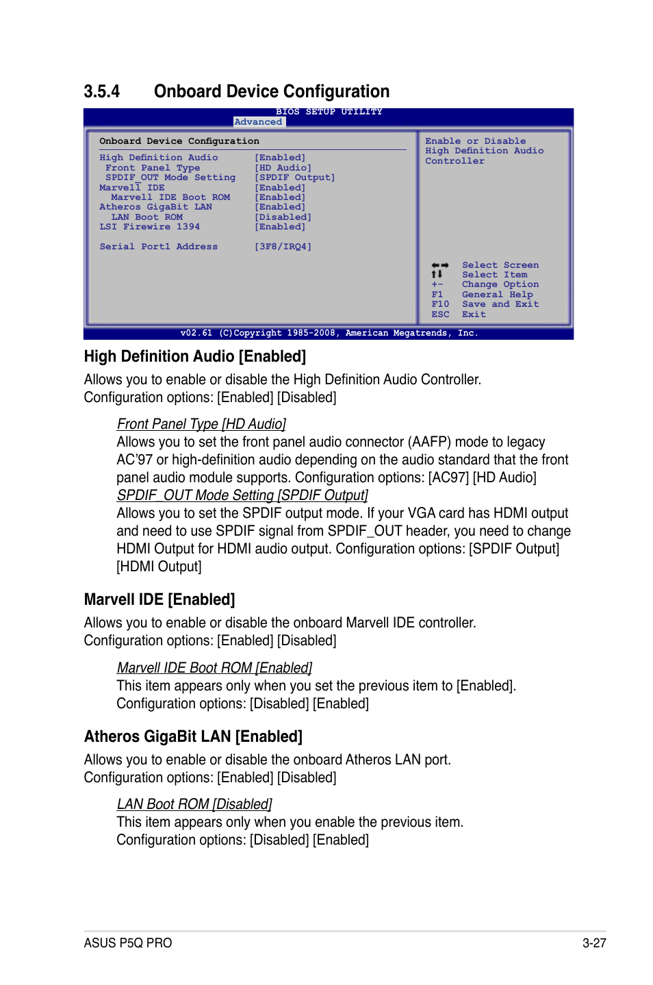 4 onboard device configuration, High definition audio [enabled, Marvell ide [enabled | Atheros gigabit lan [enabled | Asus P5Q PRO User Manual | Page 93 / 180