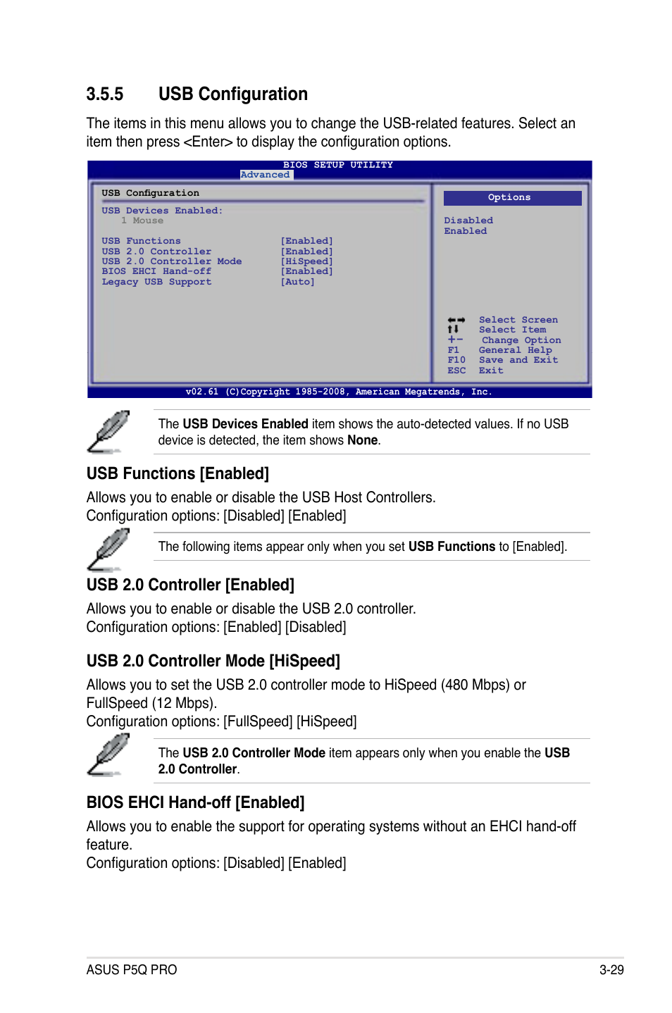 5 usb configuration, Usb functions [enabled, Usb 2.0 controller [enabled | Usb 2.0 controller mode [hispeed, Bios ehci hand-off [enabled | Asus P5Q PRO User Manual | Page 95 / 180