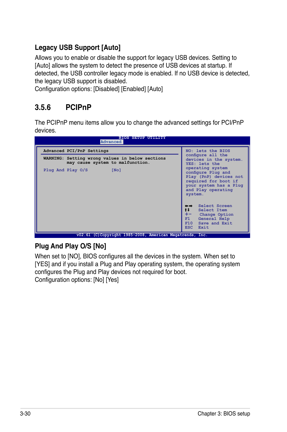 6 pcipnp, Plug and play o/s [no, Legacy usb support [auto | Asus P5Q PRO User Manual | Page 96 / 180