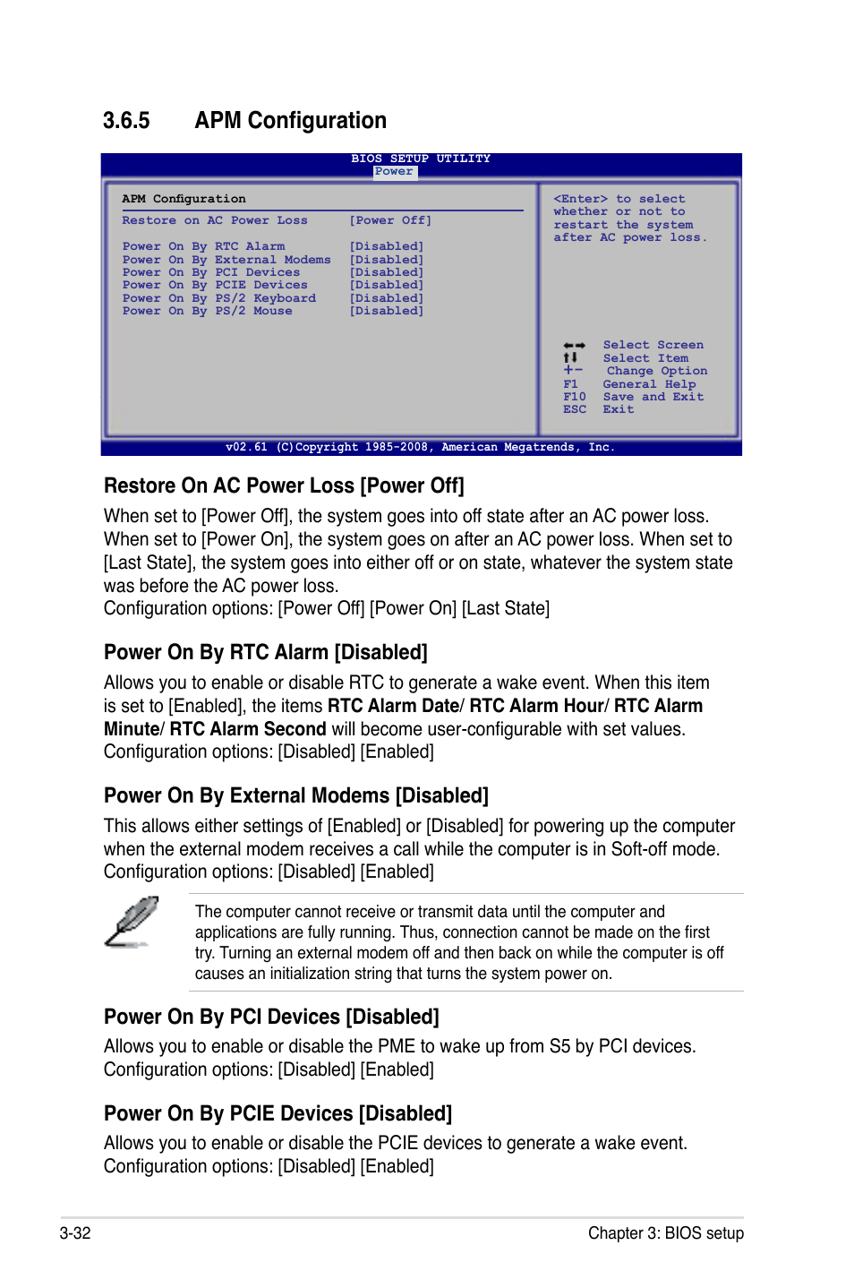 5 apm configuration, Restore on ac power loss [power off, Power on by rtc alarm [disabled | Power on by external modems [disabled, Power on by pci devices [disabled, Power on by pcie devices [disabled | Asus P5Q PRO User Manual | Page 98 / 180
