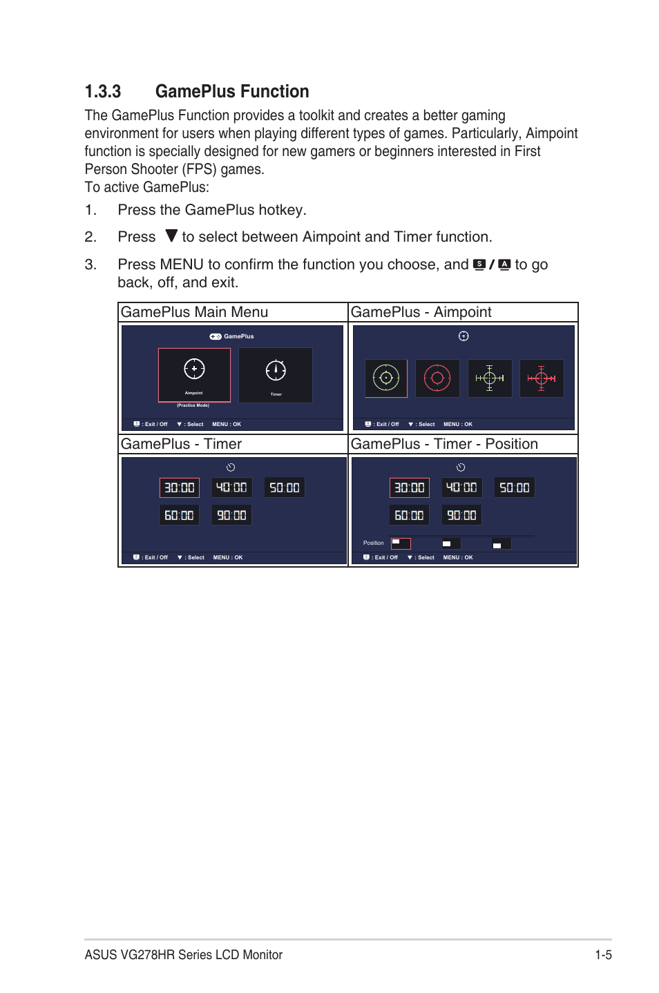 3 gameplus function, Gameplus function -5, Gameplus - timer gameplus - timer - position | 5 asus vg278hr series lcd monitor | Asus VG278HR User Manual | Page 11 / 27