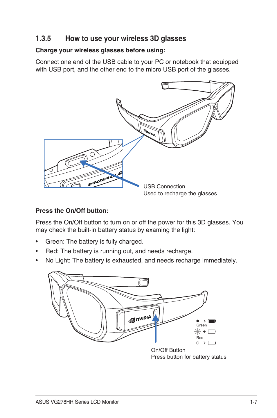 5 how to use your wireless 3d glasses, How to use your wireless 3d glasses -7 | Asus VG278HR User Manual | Page 13 / 27