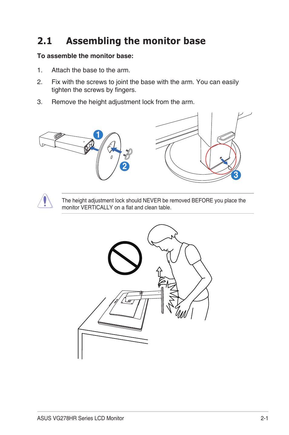 1 assembling the monitor base, Assembling the monitor base -1 | Asus VG278HR User Manual | Page 14 / 27