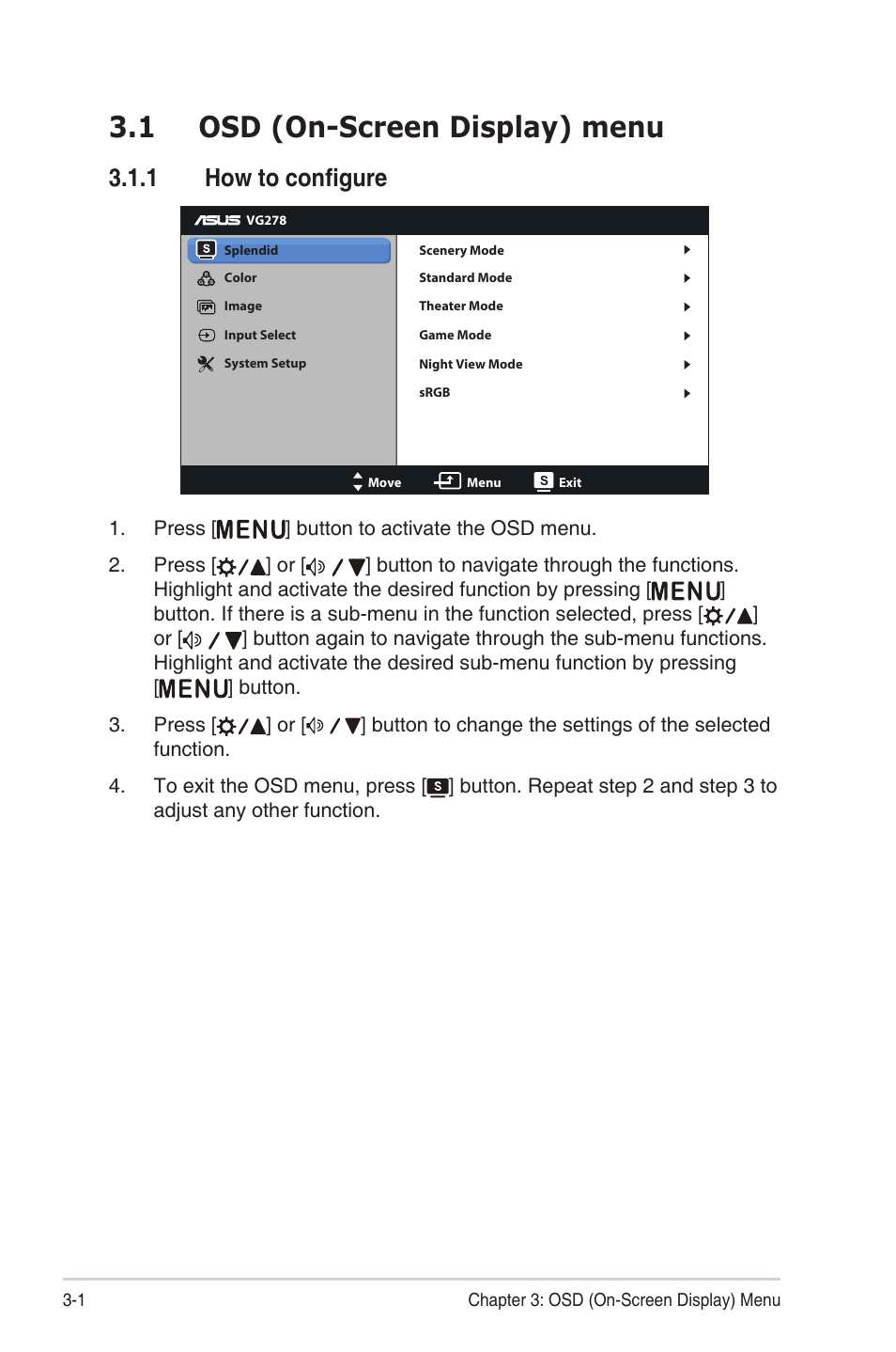 1 osd (on-screen display) menu, 1 how to configure, Osd (on-screen display) menu -1 3.1.1 | How to configure -1 | Asus VG278HR User Manual | Page 17 / 27