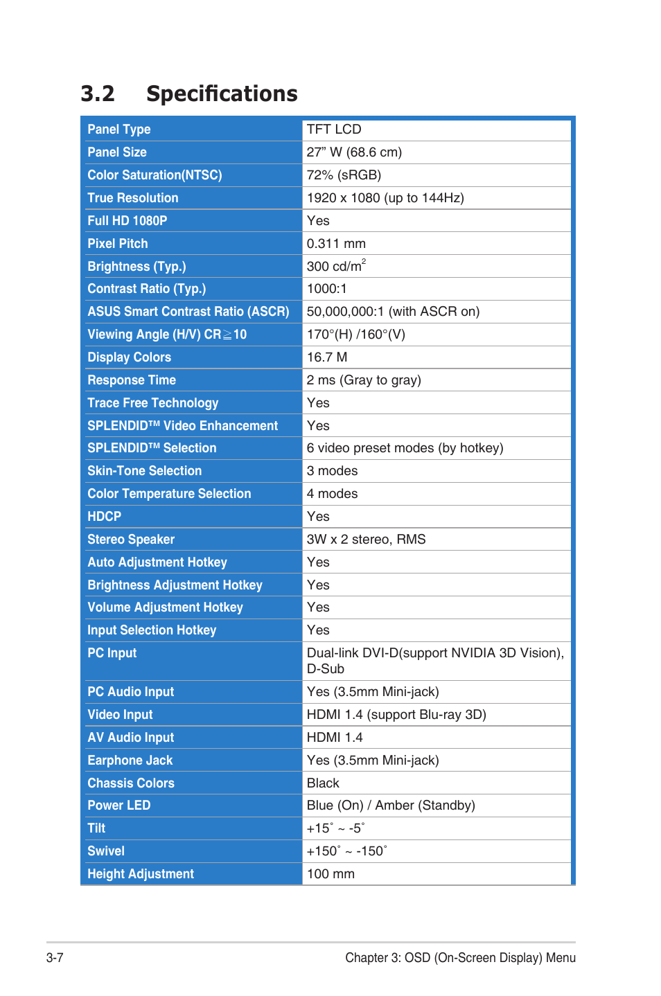 2 specifications, Specifications -7 | Asus VG278HR User Manual | Page 23 / 27
