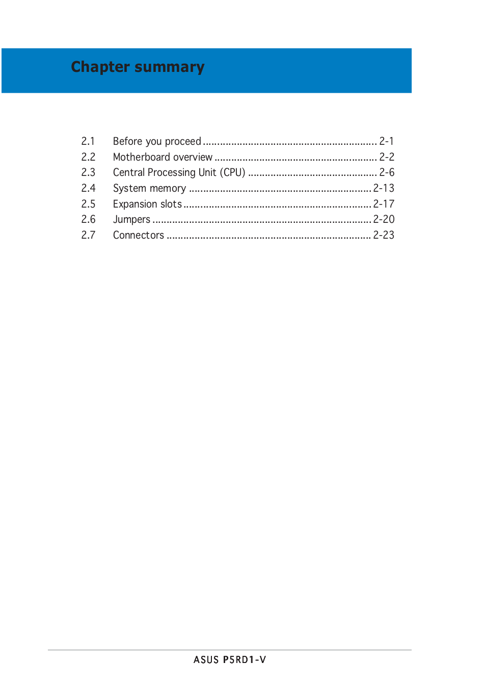 Chapter summary | Asus P5RD1-V User Manual | Page 20 / 126