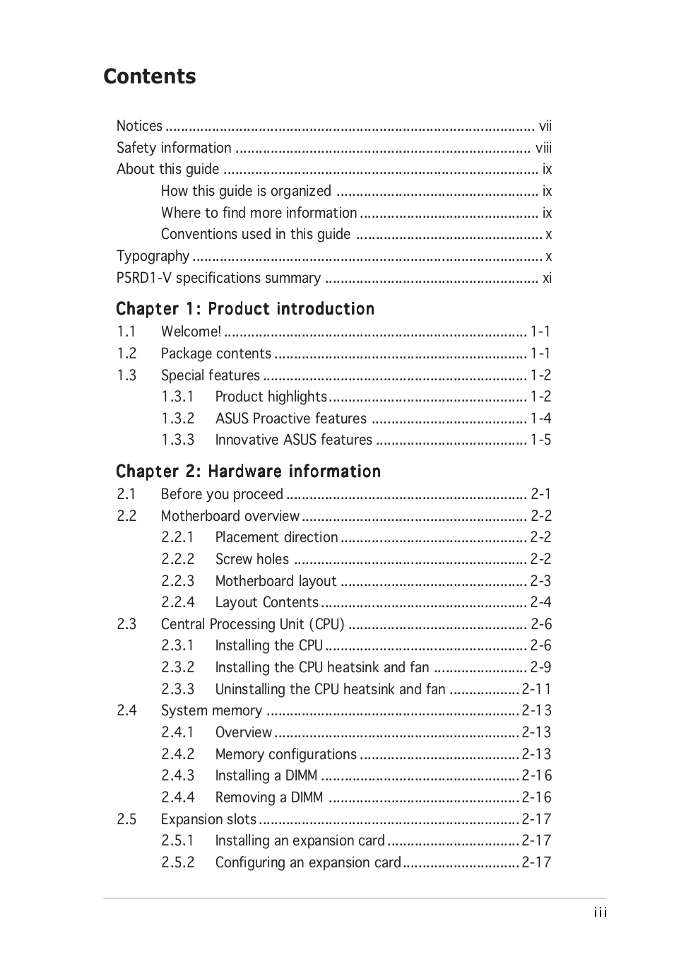 Asus P5RD1-V User Manual | Page 3 / 126