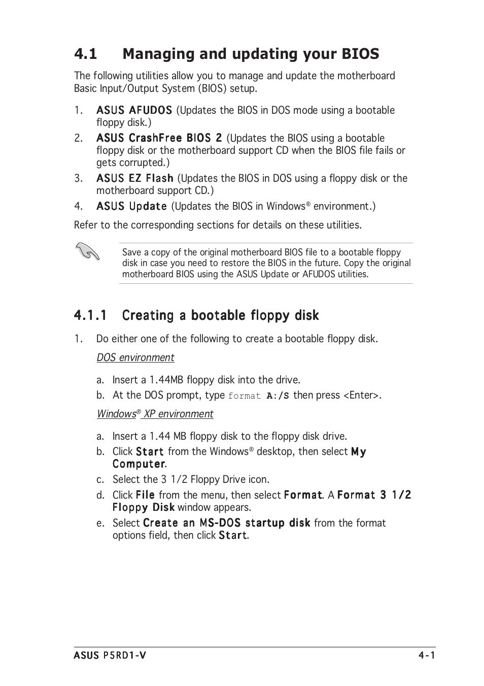 1 managing and updating your bios | Asus P5RD1-V User Manual | Page 61 / 126