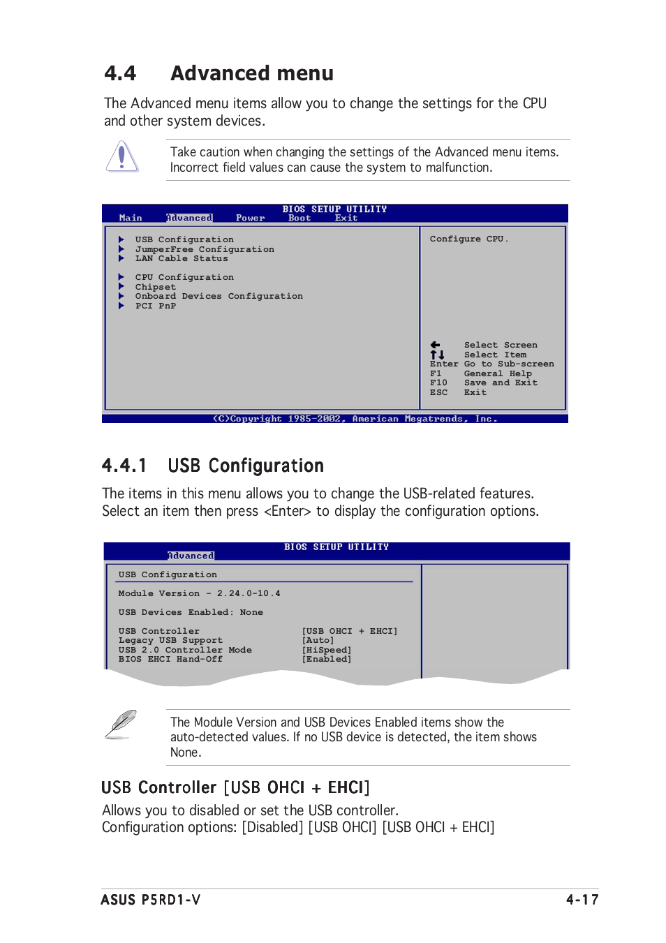 4 advanced menu, Usb controller [usb ohci + ehci | Asus P5RD1-V User Manual | Page 77 / 126