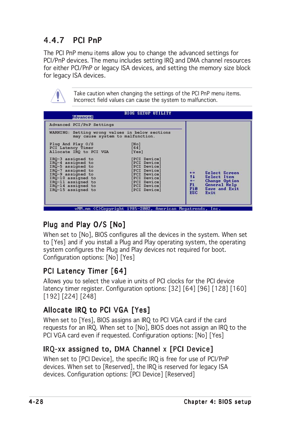 7 pci pnp pci pnp pci pnp pci pnp pci pnp, Plug and play o/s [no, Pci latency timer [64 | Allocate irq to pci vga [yes, Irq-xx assigned to, dma channel x [pci device | Asus P5RD1-V User Manual | Page 88 / 126