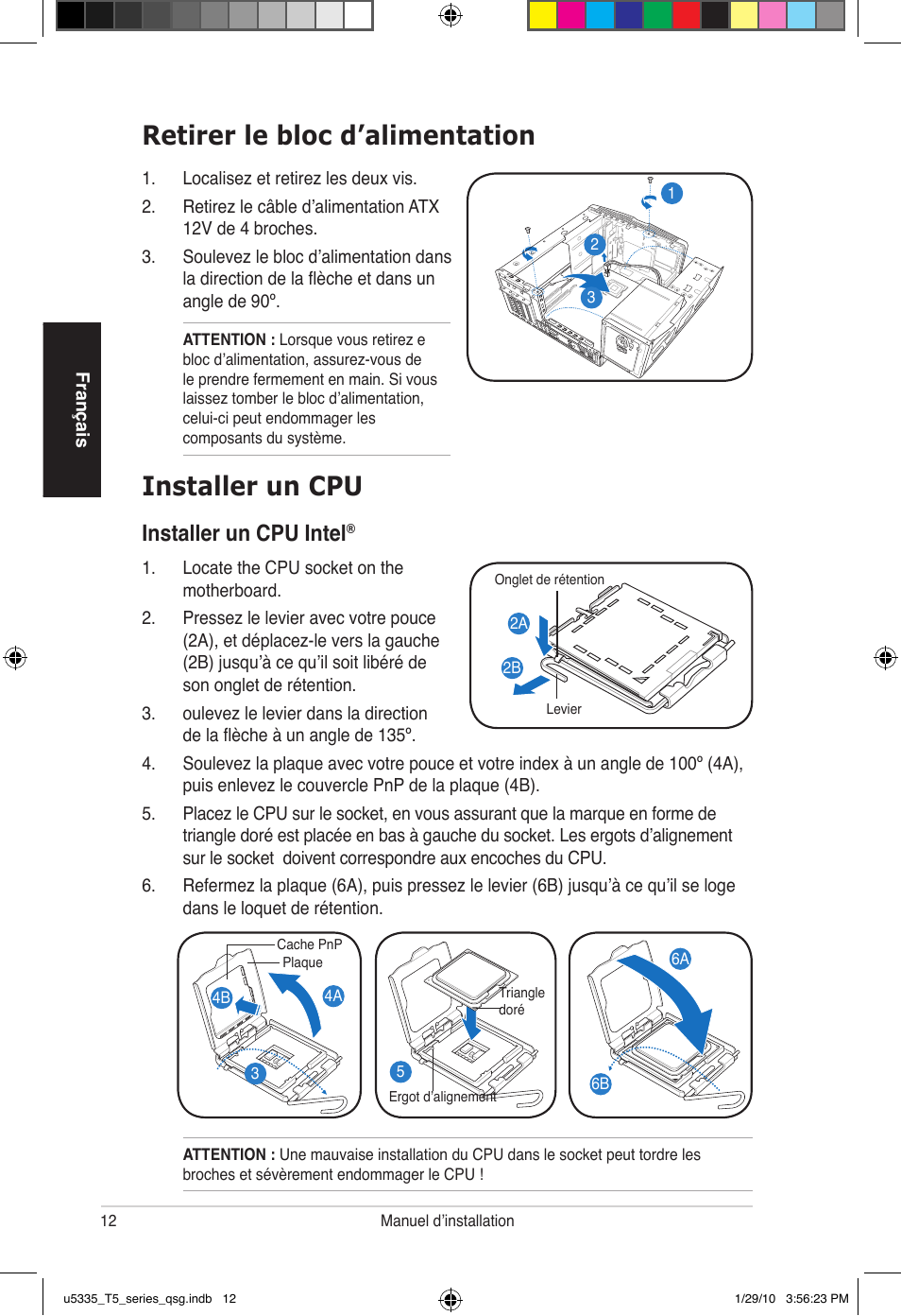 Retirer le bloc d’alimentation, Installer un cpu, Installer un cpu intel | Asus T5-P5G41E User Manual | Page 12 / 82