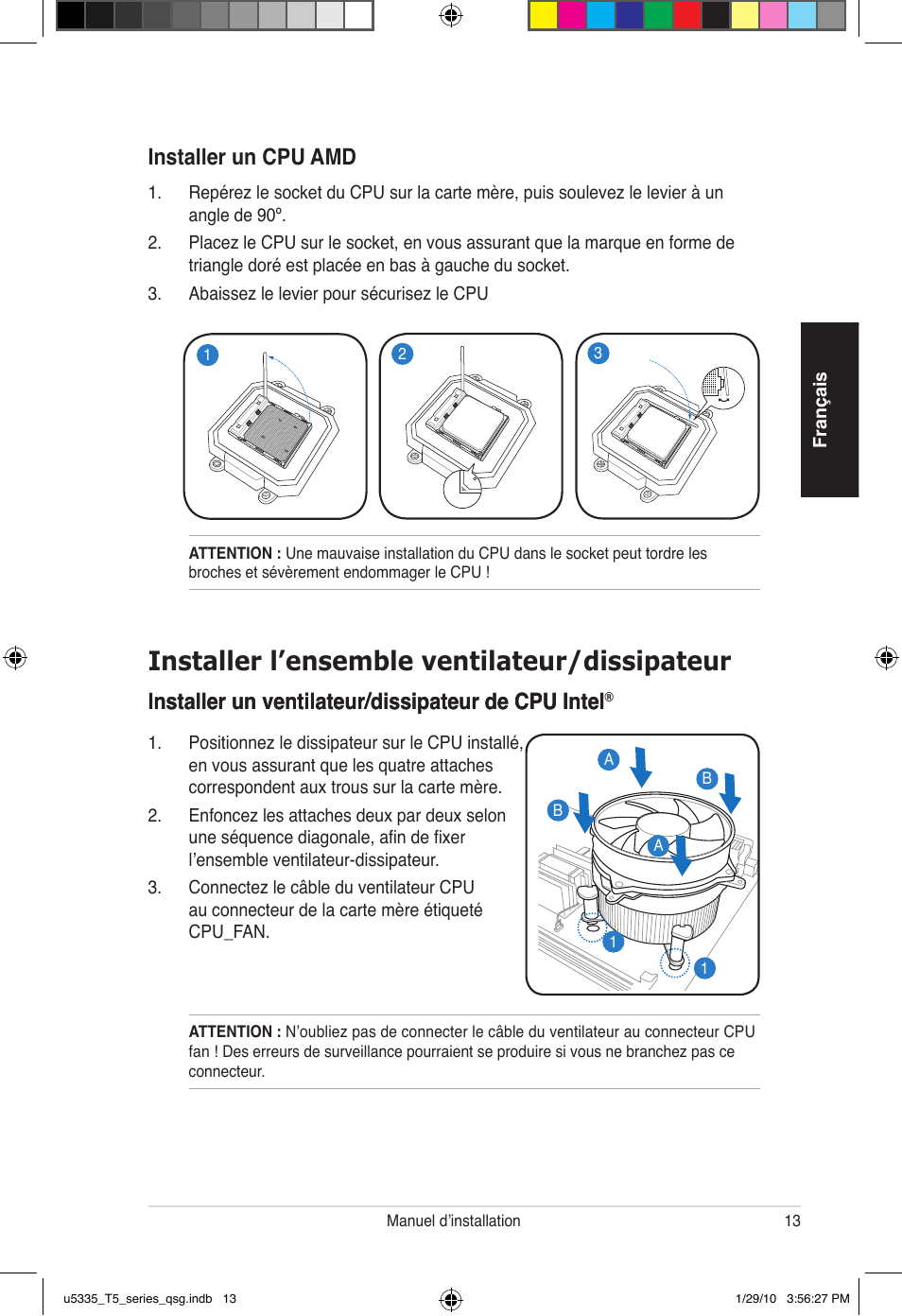 Installer l’ensemble ventilateur/dissipateur, Installer un cpu amd | Asus T5-P5G41E User Manual | Page 13 / 82