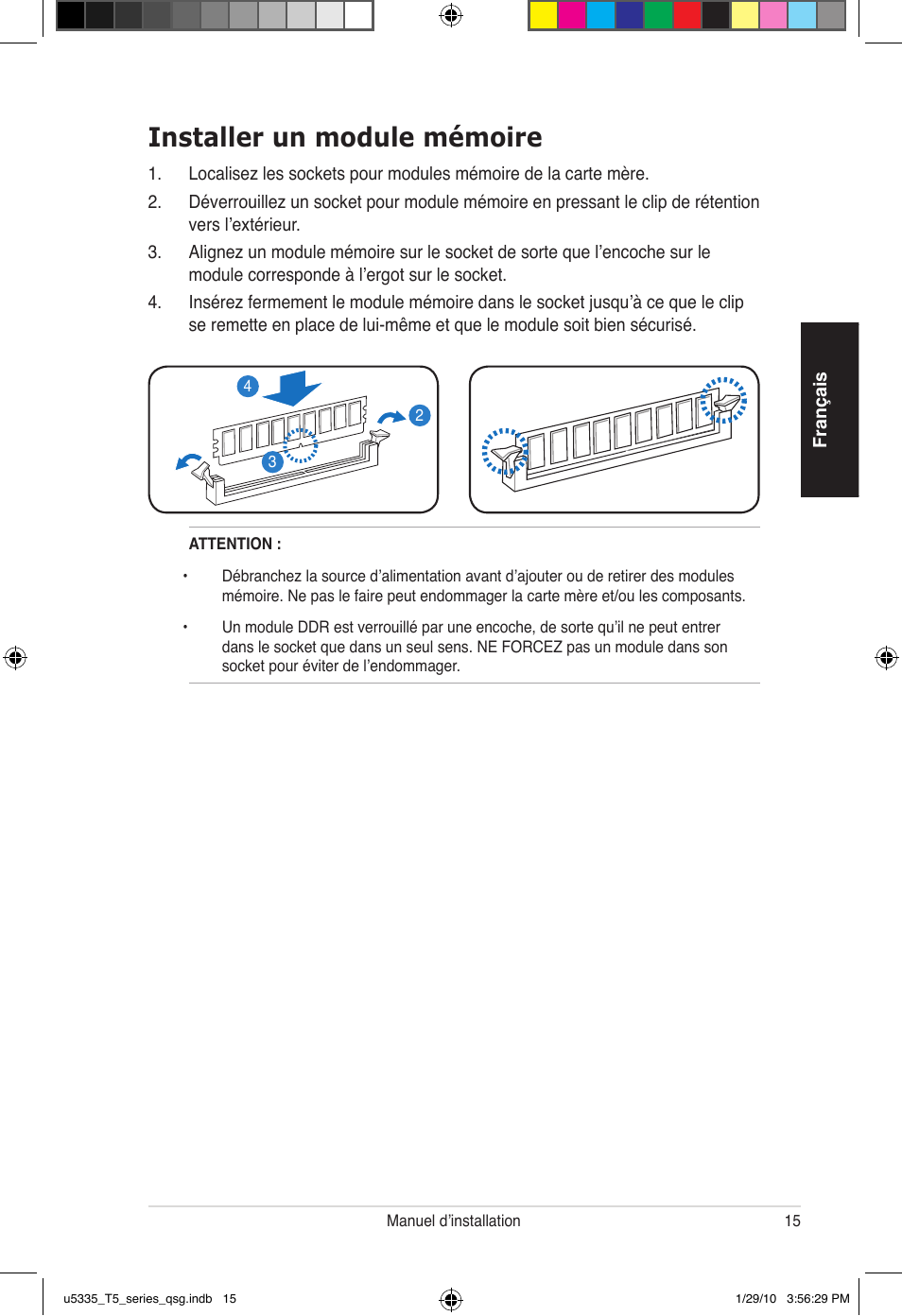 Installer un module mémoire | Asus T5-P5G41E User Manual | Page 15 / 82