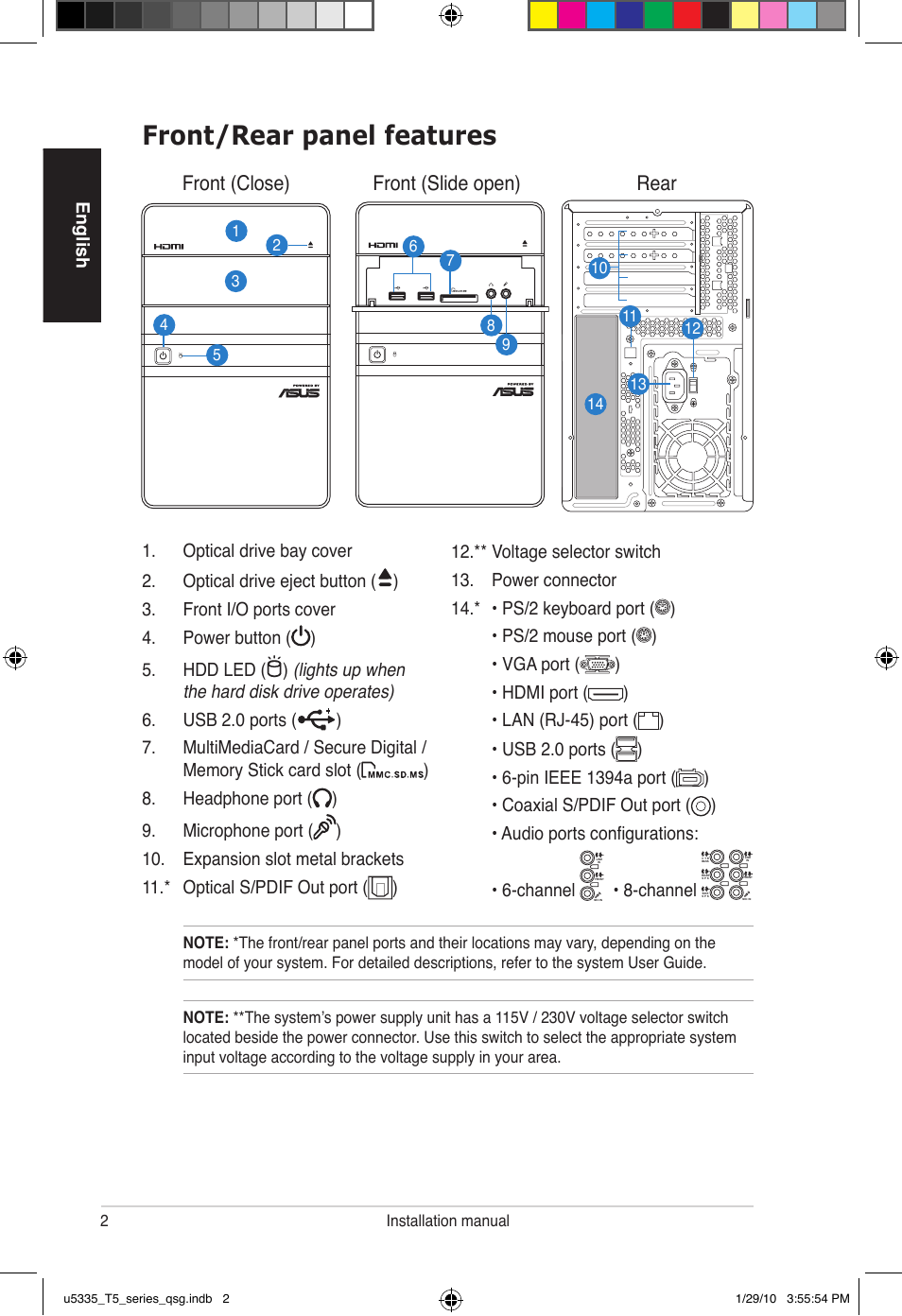 Front/rear panel features, Front (close), Front (slide open) | Rear, English, Channel | Asus T5-P5G41E User Manual | Page 2 / 82