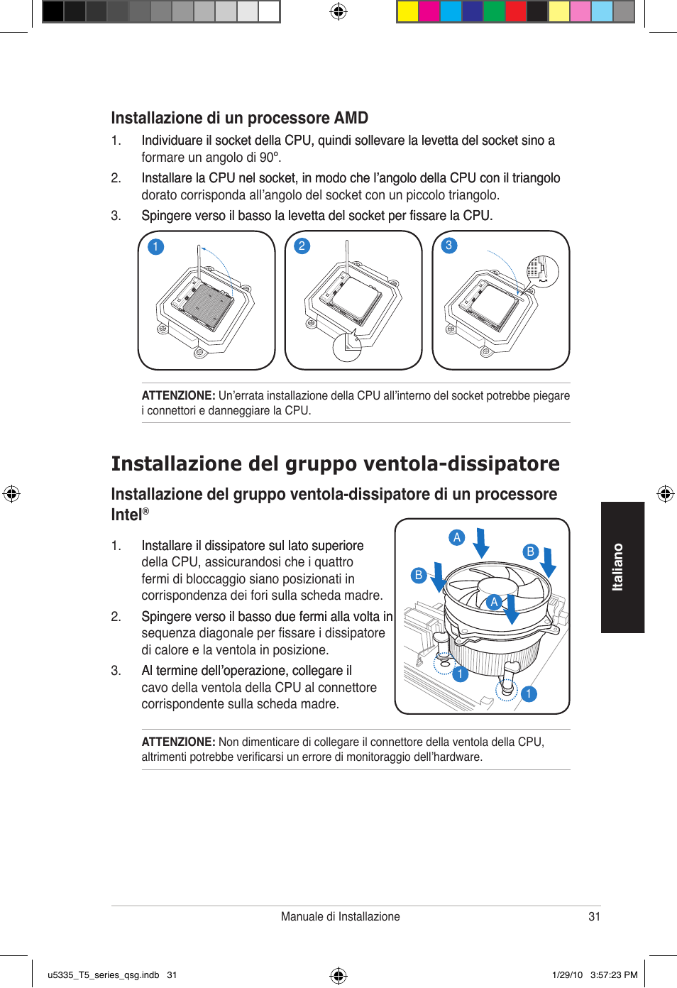 Installazione del gruppo ventola-dissipatore, Installazione di un �rocessore amd | Asus T5-P5G41E User Manual | Page 31 / 82