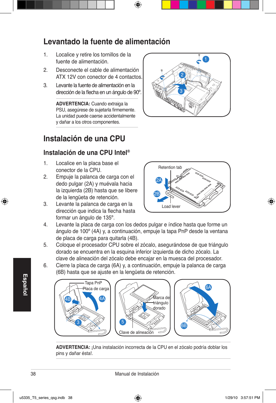 Levantado la fuente de alimentación, Instalación de una cpu, Instalación de una cpu intel | Asus T5-P5G41E User Manual | Page 38 / 82