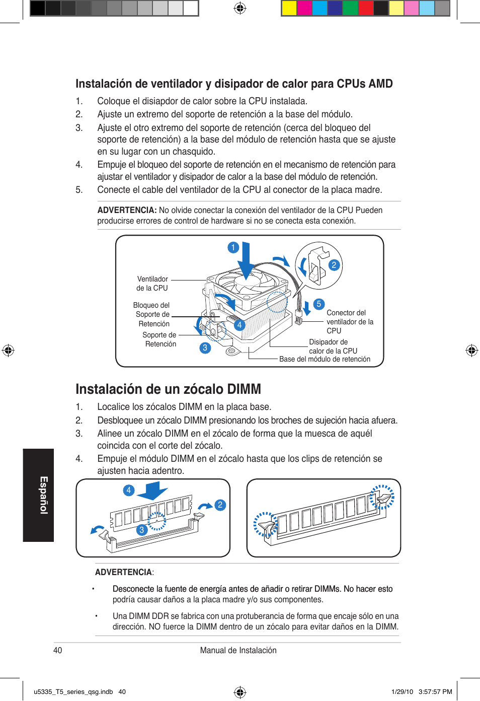 Instalación de un zócalo dimm | Asus T5-P5G41E User Manual | Page 40 / 82