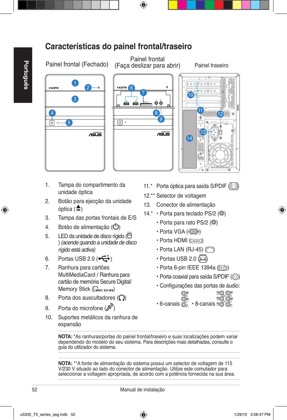 Características do �ainel frontal�traseiro, Canais | Asus T5-P5G41E User Manual | Page 52 / 82