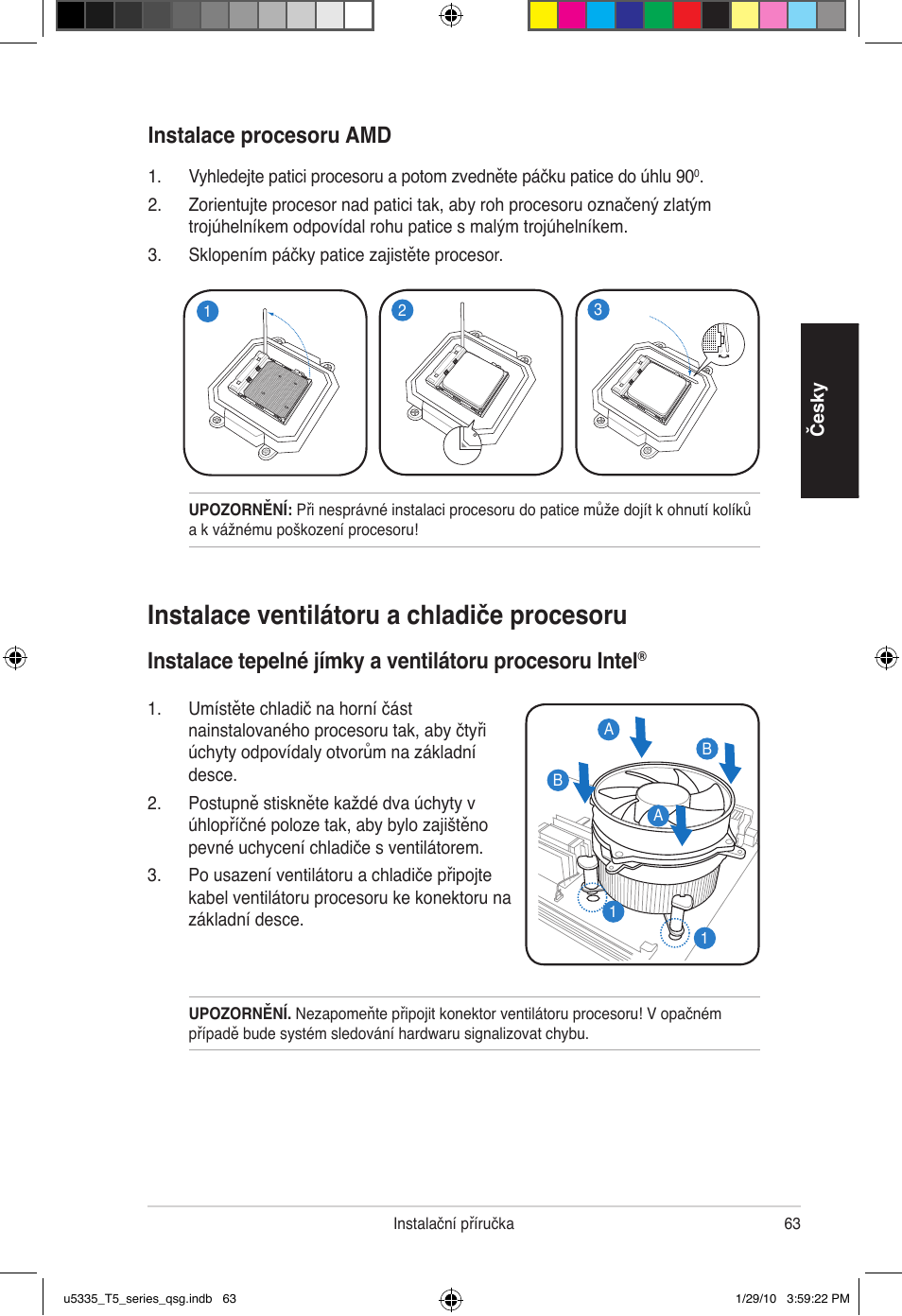 Instalace ventilátoru a chladiče procesoru, Instalace �rocesoru amd | Asus T5-P5G41E User Manual | Page 63 / 82