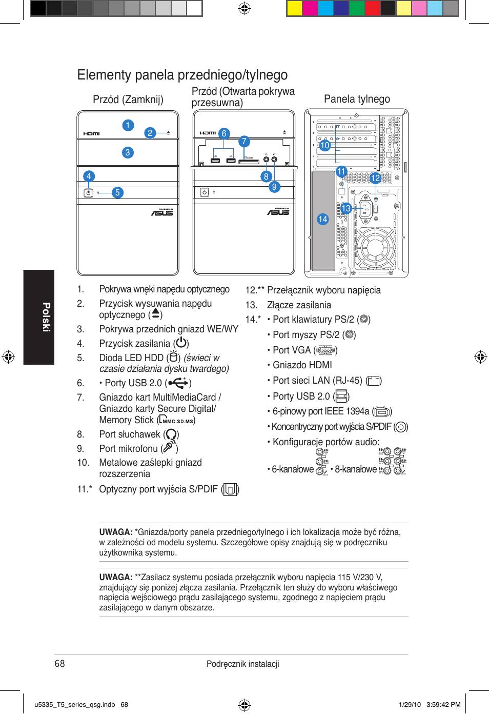 Elementy panela przedniego/tylnego, Polski, Kanałowe | Asus T5-P5G41E User Manual | Page 68 / 82