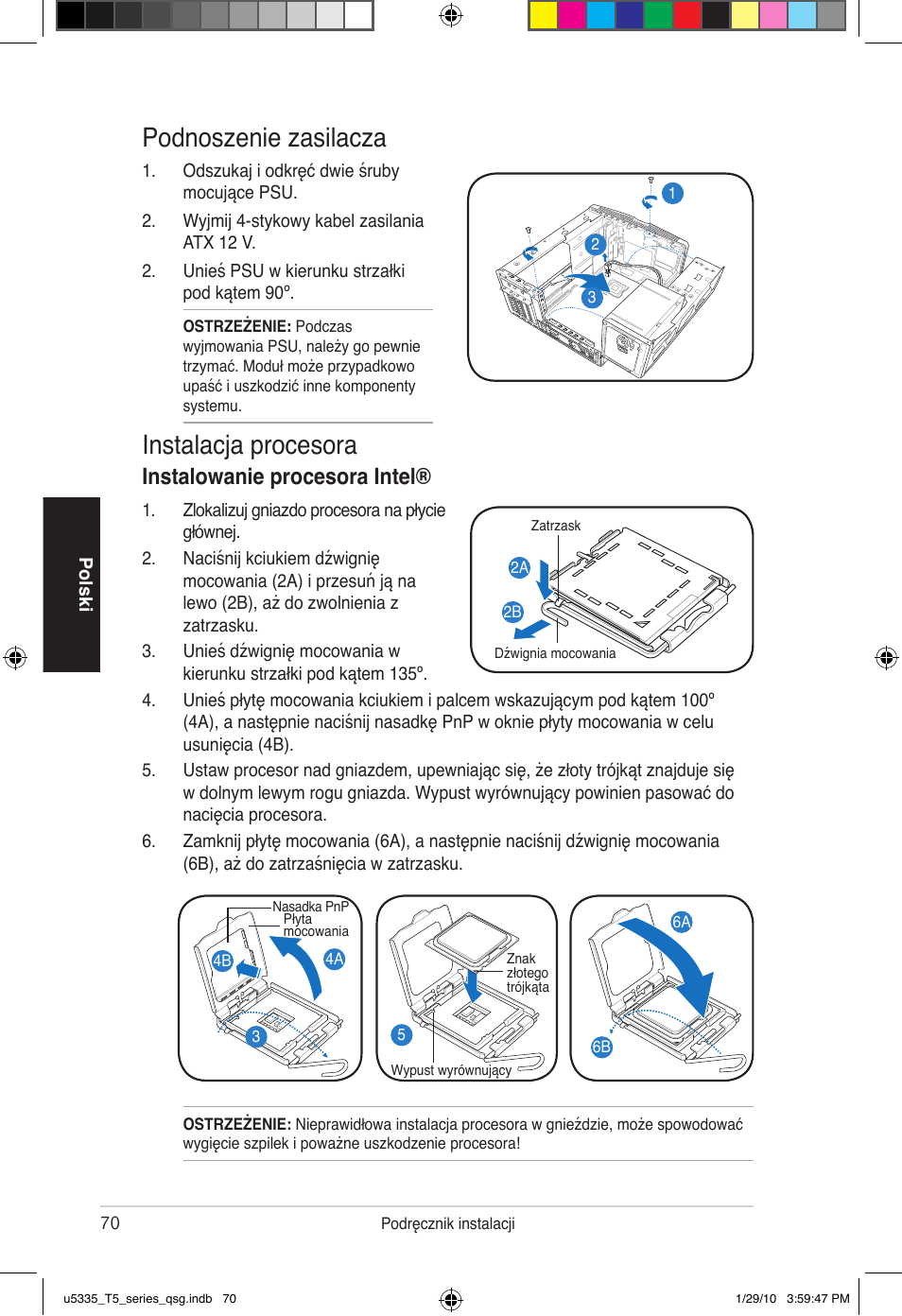 Podnoszenie zasilacza, Instalacja procesora, Instalowanie procesora intel | Asus T5-P5G41E User Manual | Page 70 / 82