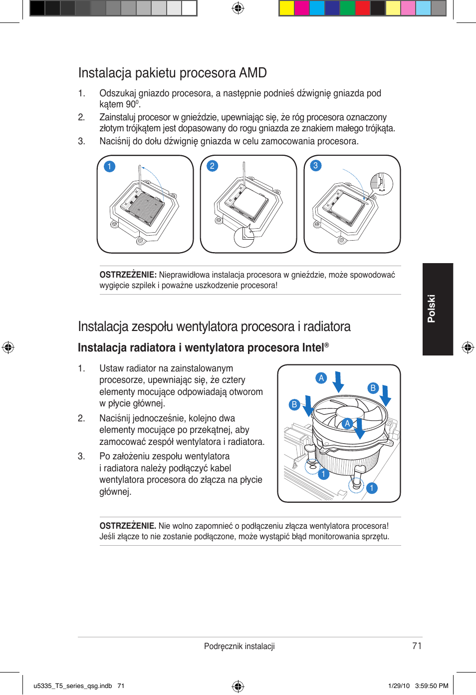 Instalacja pakietu procesora amd, Instalacja radiatora i wentylatora procesora intel | Asus T5-P5G41E User Manual | Page 71 / 82