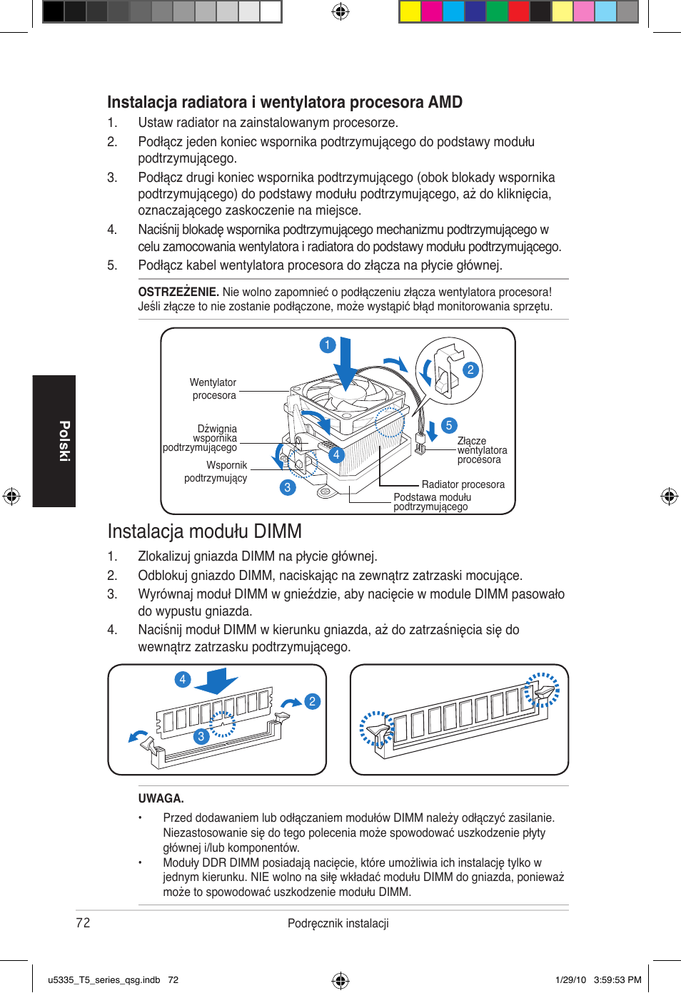 Instalacja modułu dimm, Instalacja radiatora i wentylatora procesora amd | Asus T5-P5G41E User Manual | Page 72 / 82