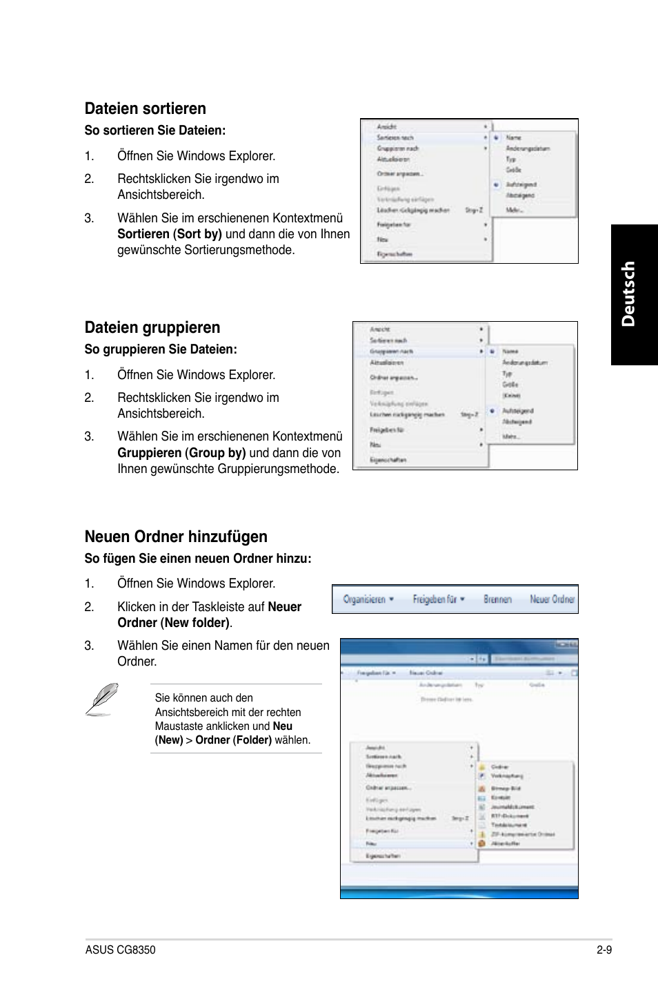 Deutsch d eutsch, Dateien sortieren, Dateien gruppieren | Neuen ordner hinzufügen | Asus CG8350 User Manual | Page 103 / 380