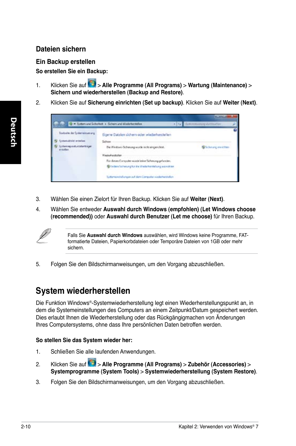 System wiederherstellen, System wiederherstellen -10, Deutsch d eutsch d eutsch d eutsch | Dateien sichern | Asus CG8350 User Manual | Page 104 / 380