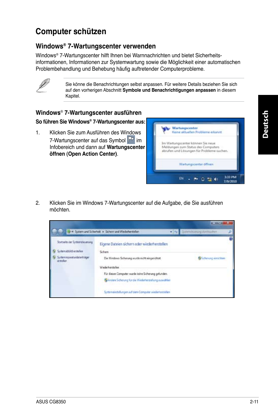 Computer schützen, Computer schützen -11, Deutsch d eutsch | Windows, Wartungscenter verwenden | Asus CG8350 User Manual | Page 105 / 380