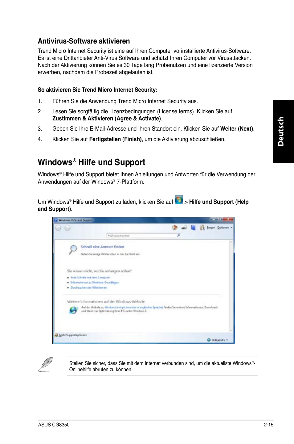 Windows® hilfe und support, Windows, Hilfe und support -15 | Hilfe und support, Deutsch d eutsch, Antivirus-software aktivieren | Asus CG8350 User Manual | Page 109 / 380