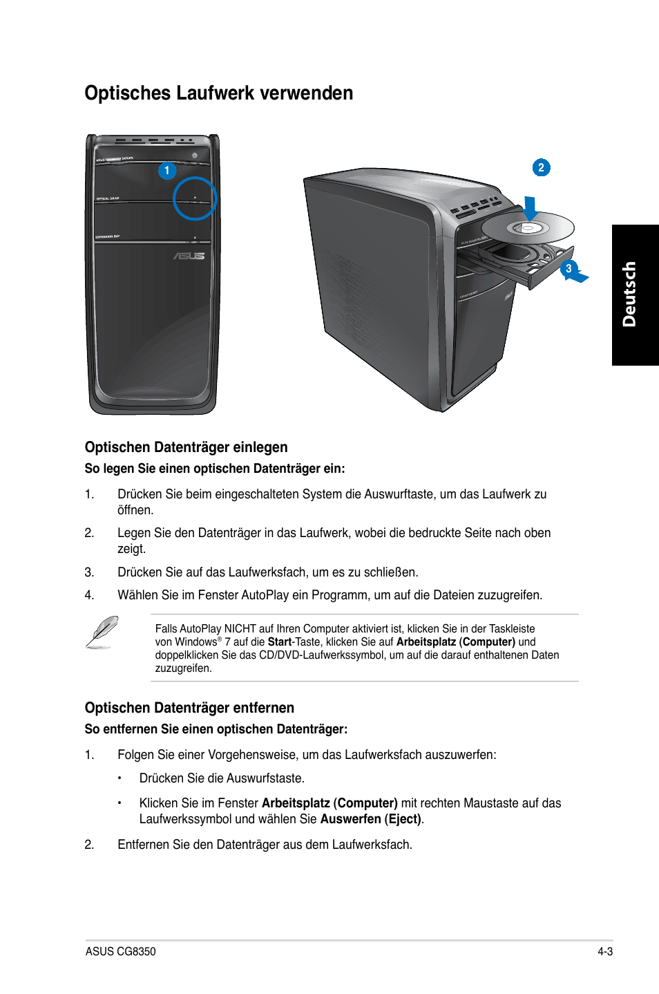 Optisches laufwerk verwenden, Optisches laufwerk verwenden -3, Deutsch d eutsch | Asus CG8350 User Manual | Page 121 / 380