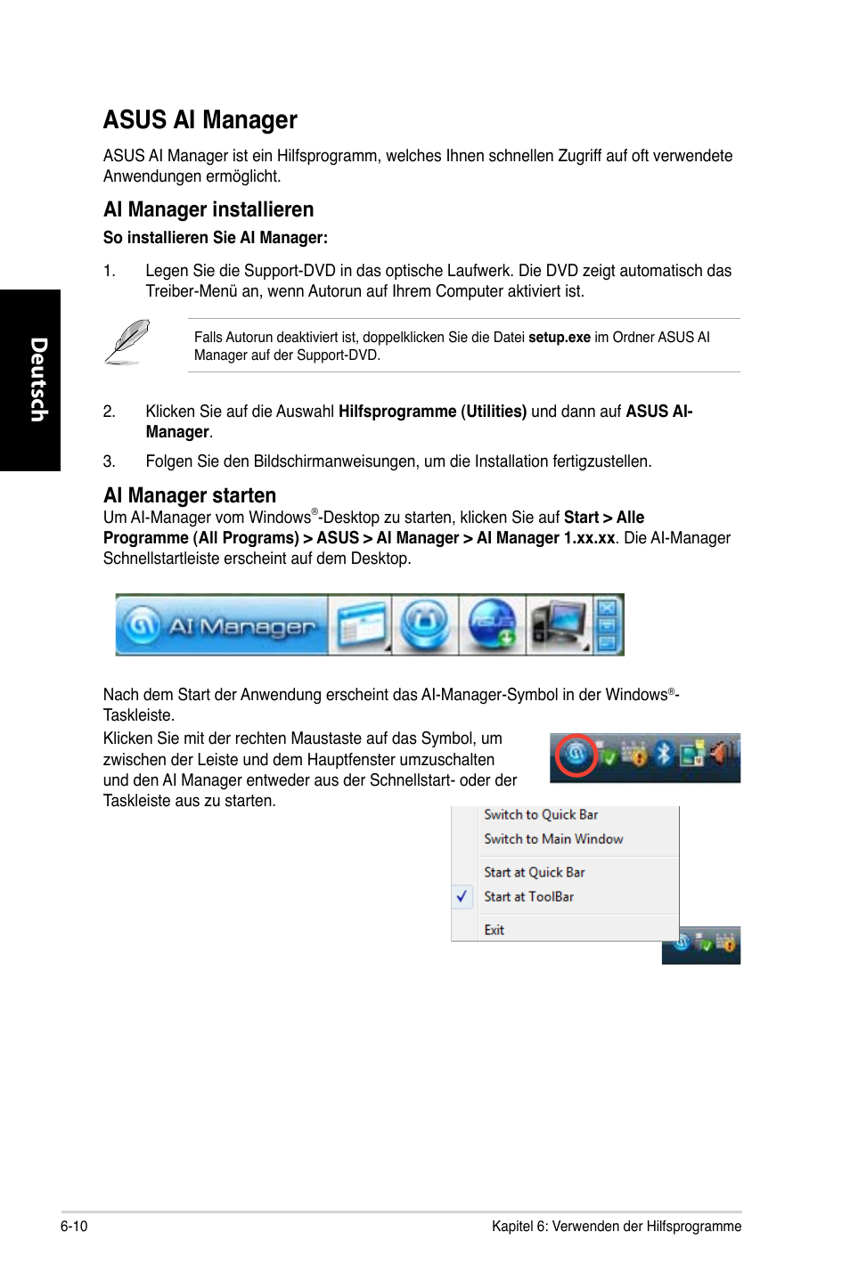 Asus ai manager, Asus ai manager -10, Deutsch d eutsch d eutsch d eutsch | Ai manager installieren, Ai manager starten | Asus CG8350 User Manual | Page 134 / 380