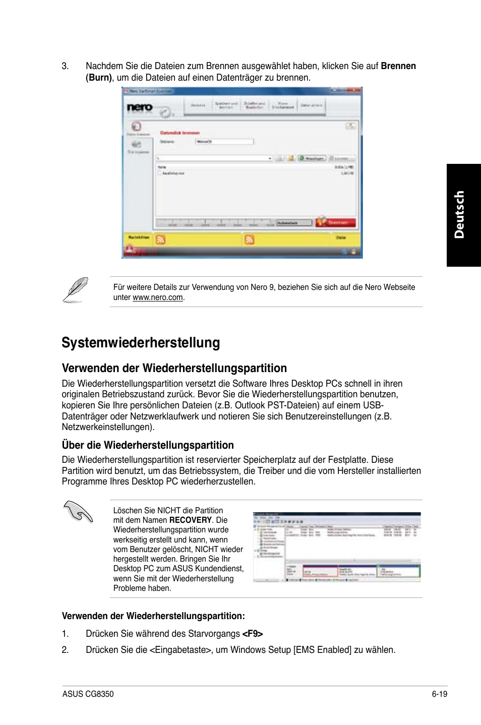 Systemwiederherstellung, Systemwiederherstellung -19, Deutsch d eutsch | Verwenden der wiederherstellungspartition | Asus CG8350 User Manual | Page 143 / 380