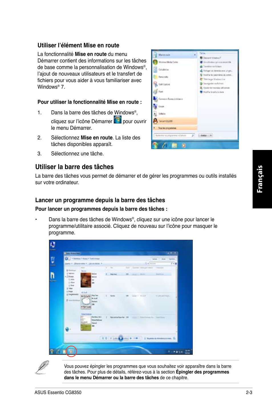 Fr ançais fr ançais, Utiliser la barre des tâches | Asus CG8350 User Manual | Page 173 / 380