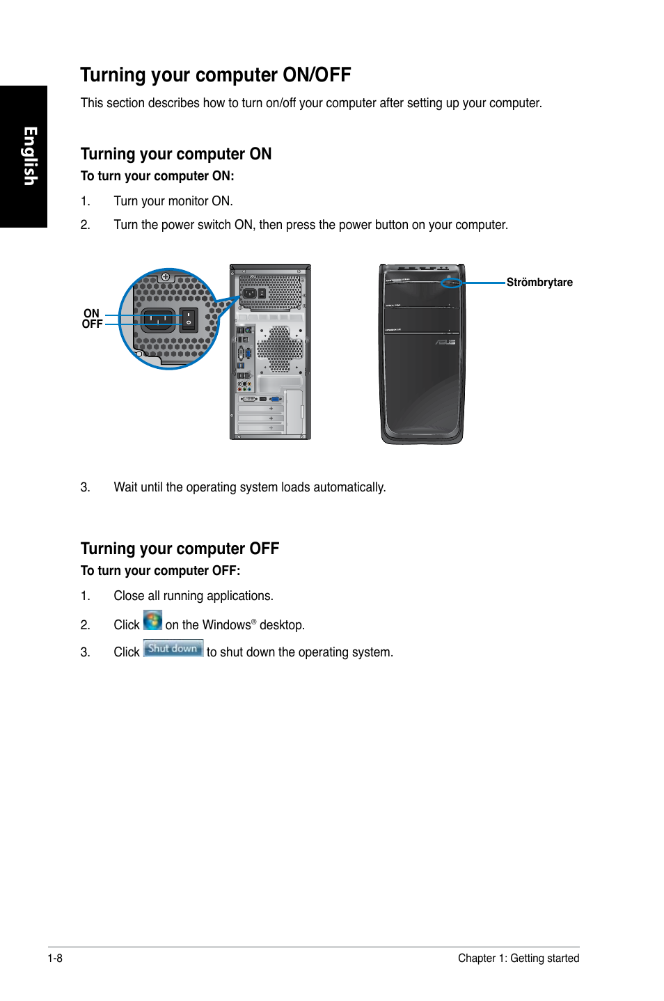 Turning your computer on/off, Turning your computer on/off -8, English | Turning your computer on, Turning your computer off | Asus CG8350 User Manual | Page 18 / 380