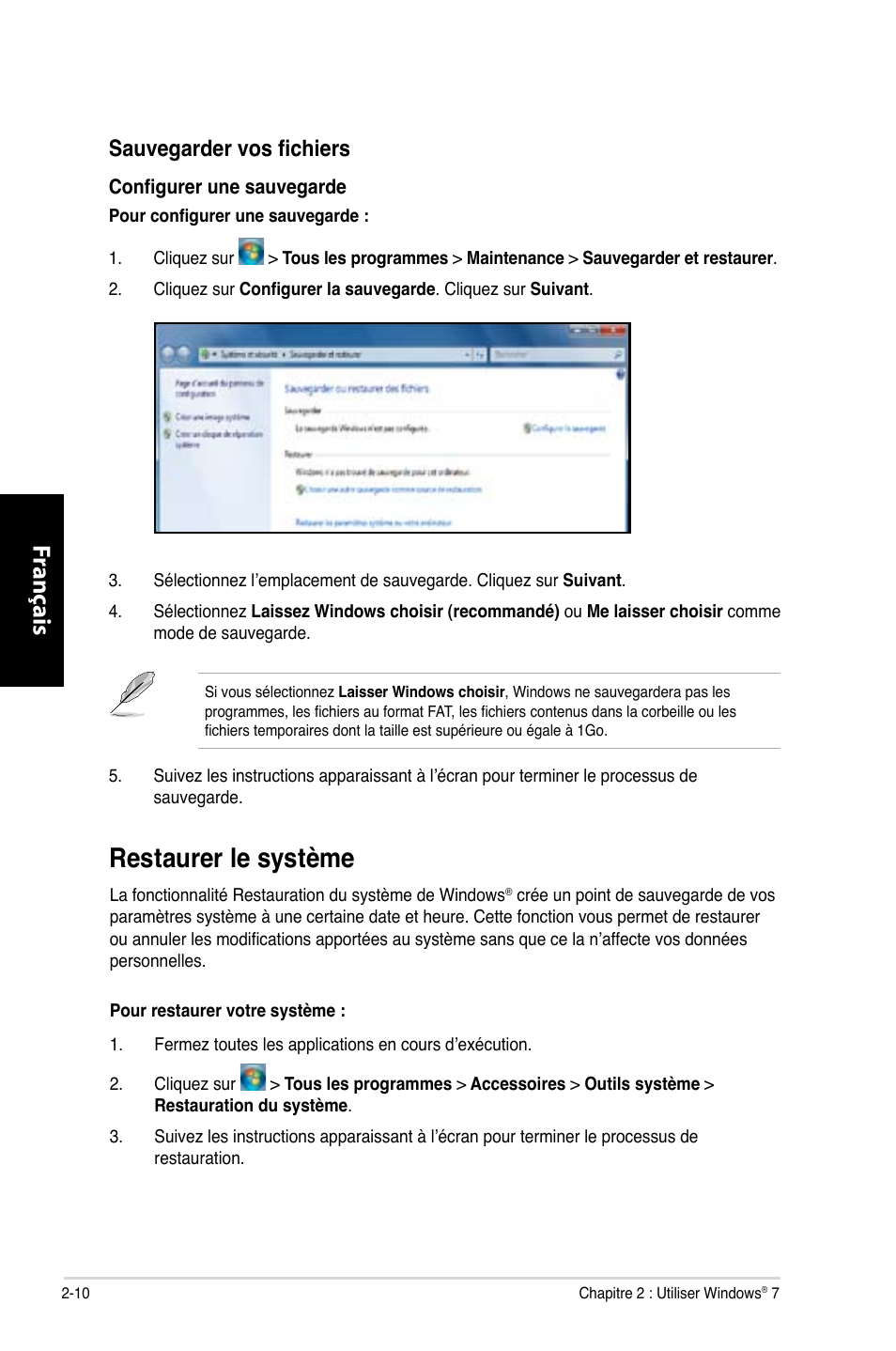 Restaurer le système, Restaurer le système -10, Fr ançais fr ançais fr ançais fr ançais | Sauvegarder vos fichiers | Asus CG8350 User Manual | Page 180 / 380