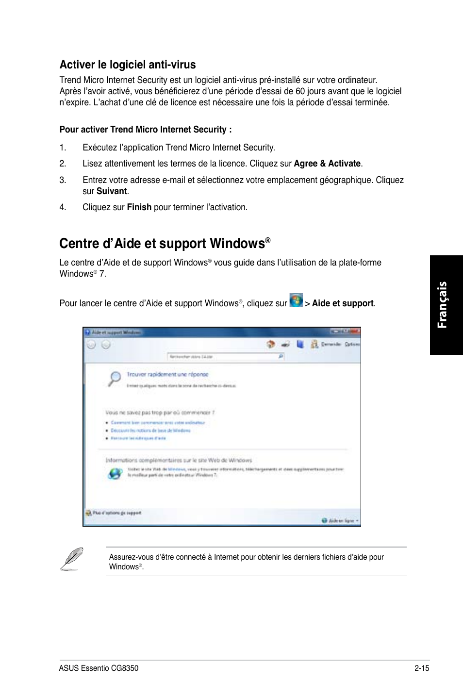 Centre d’aide et support windows, Centre d’aide et support windows® -15, Fr ançais fr ançais | Activer le logiciel anti-virus | Asus CG8350 User Manual | Page 185 / 380