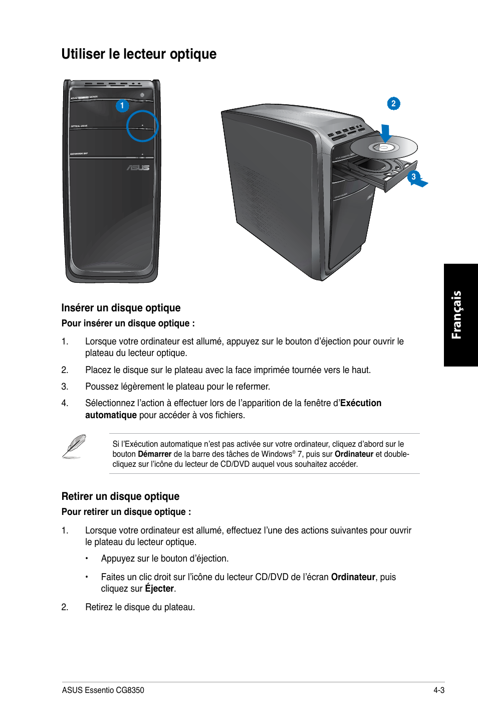 Utiliser le lecteur optique, Utiliser le lecteur optique -3, Fr ançais fr ançais | Asus CG8350 User Manual | Page 197 / 380