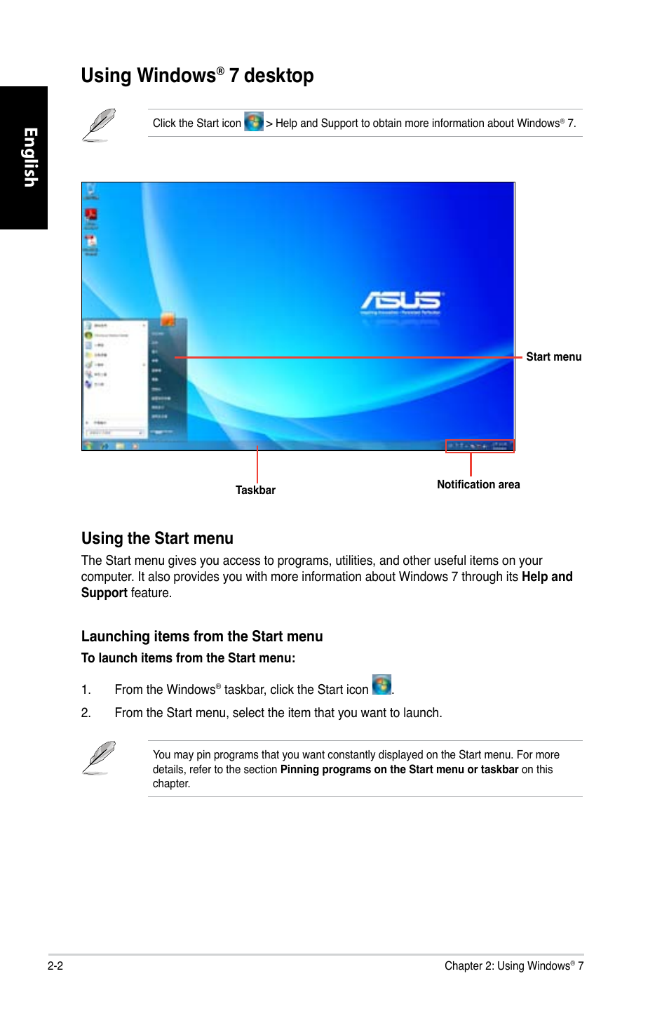 Using windows® 7 desktop, Using windows, 7 desktop -2 | 7 desktop, English, Using the start menu | Asus CG8350 User Manual | Page 20 / 380