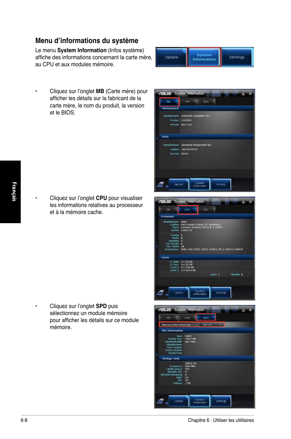 Menu d’informations du système | Asus CG8350 User Manual | Page 208 / 380