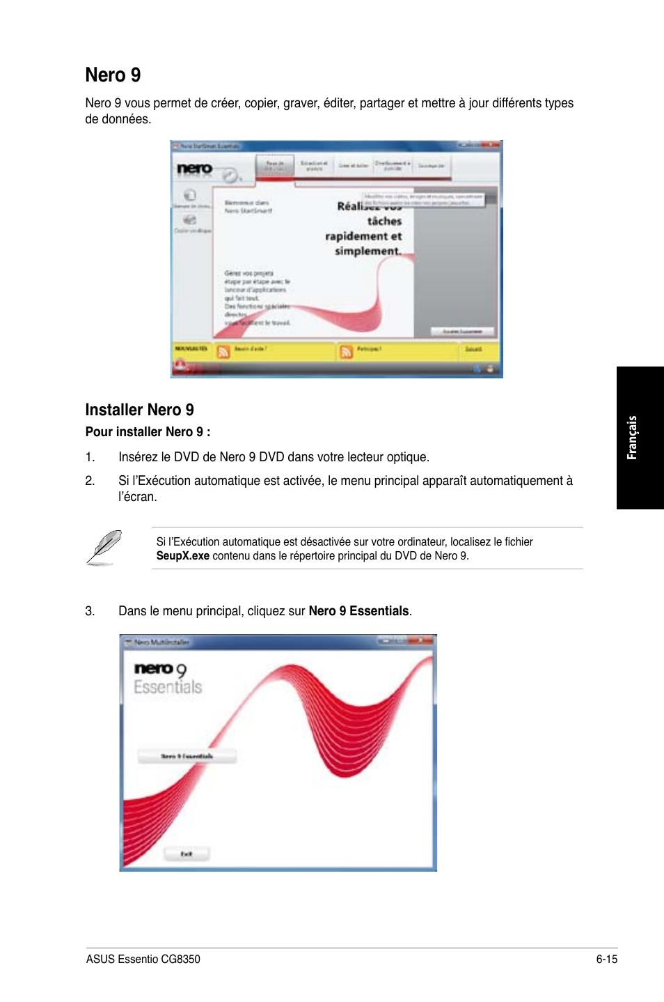 Nero 9, Nero 9 -15, Installer nero 9 | Asus CG8350 User Manual | Page 215 / 380