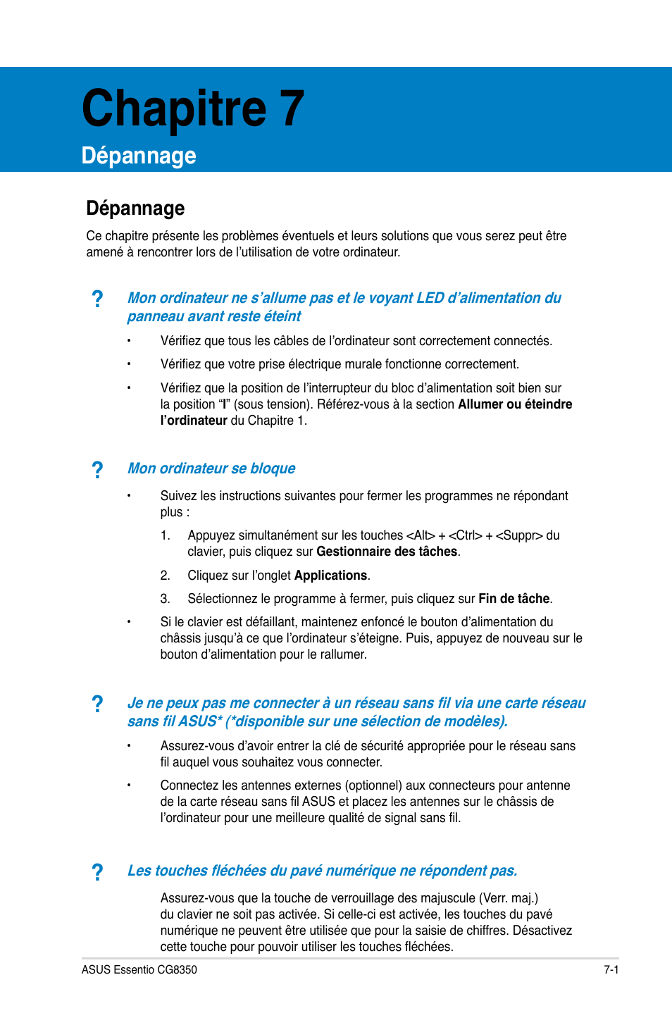 Chapitre 7, Dépannage, Dépannage -1 | Asus CG8350 User Manual | Page 221 / 380