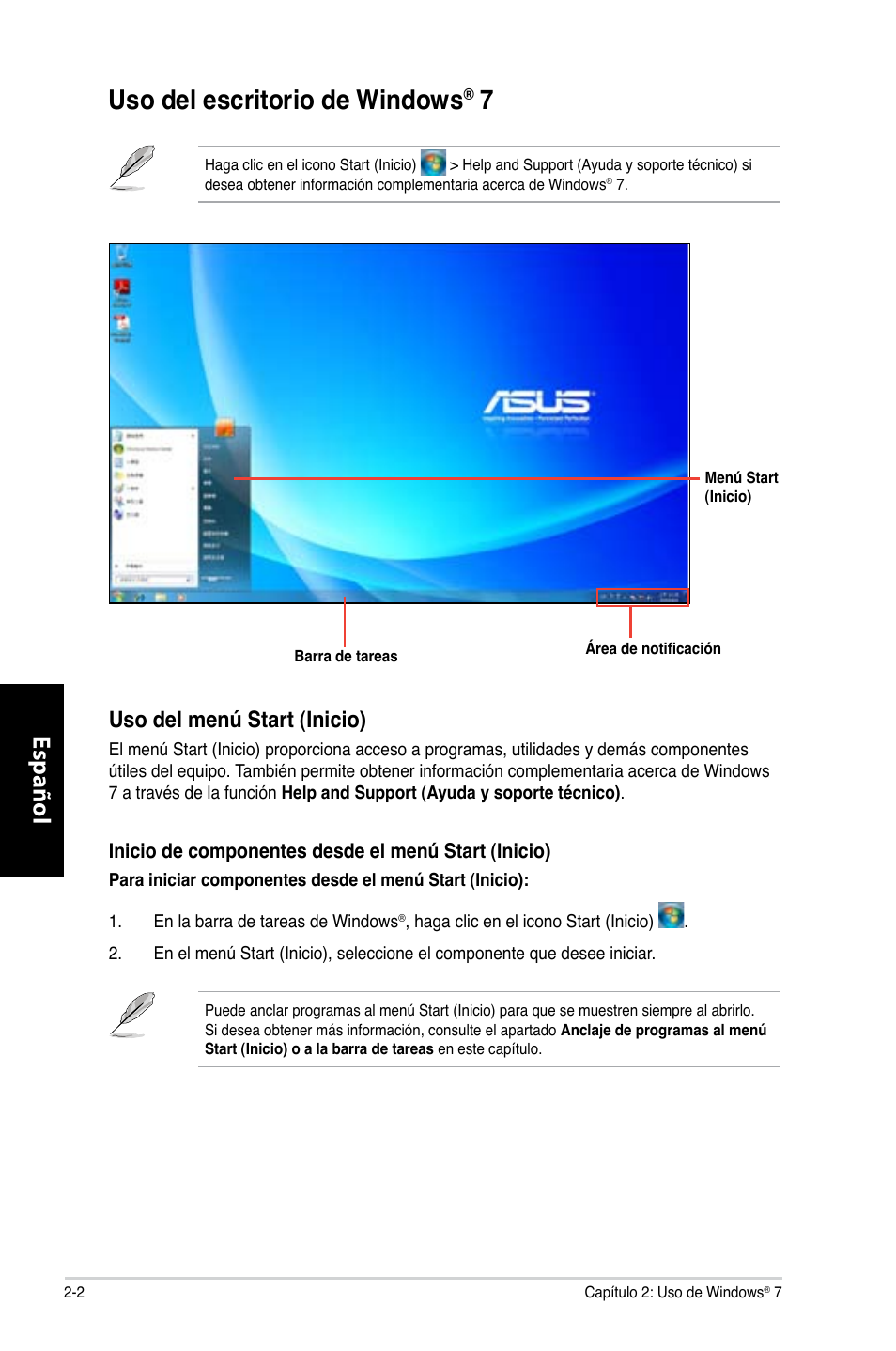 Uso del escritorio de windows® 7, Uso del escritorio de windows, Español | Uso del menú start (inicio) | Asus CG8350 User Manual | Page 248 / 380